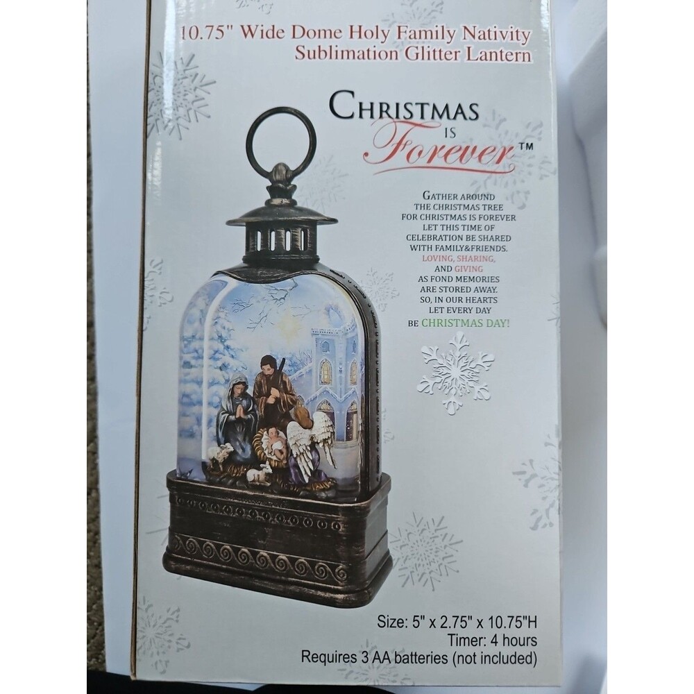 CHRISTMAS IS FOREVER 10.75"  DOME HOLY FAMILY GLITTER LANTERN W/ SUBLIMATION NEW